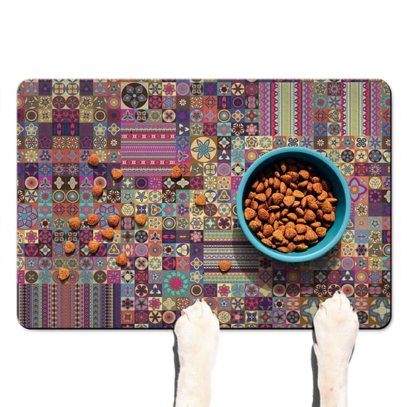 Boho Retro Floral Pet Feeding Mat-Pioneer Absorbent Pet Placemat for Food and Water Bowl, with Waterproof Rubber Backing, Quick Dry Water Dispenser Mat for Dog and Cat (16"x24")
