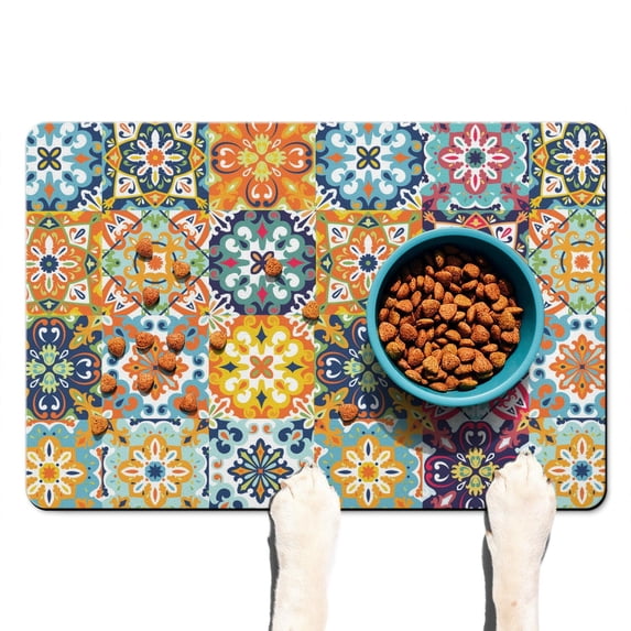 Boho Retro Floral Pet Feeding Mat-Pioneer Absorbent Pet Placemat for Food and Water Bowl, with Waterproof Rubber Backing, Quick Dry Water Dispenser Mat for Dog and Cat (16"x24")