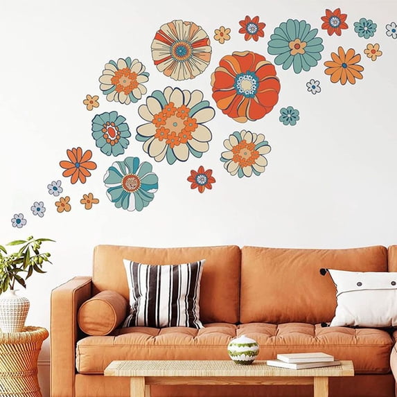 Boho Retro Floral Wall Decals Large Vintage Flower Wall Stickers Colorful Hippie Flower Wall Art Stickers for Bedroom, Living Room, Offices, Sofa, TV Backdrop Decoration