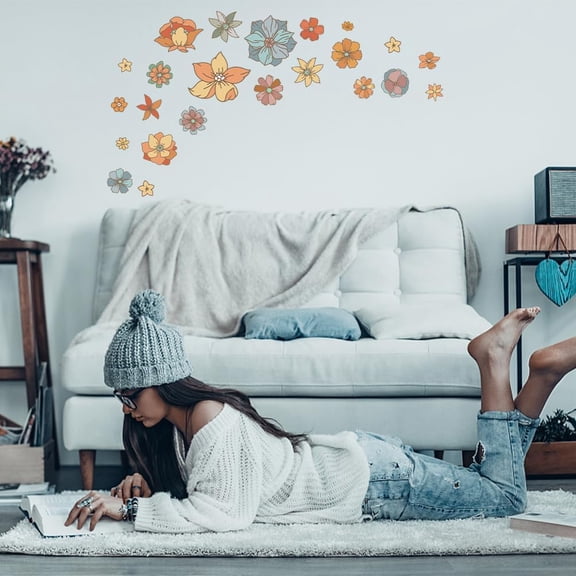 Boho Retro Flower Wall Decals - Large Vintage Colorful Flower Wall Art Sticker Peel and Stick for Kid's Bedroom Living Room Offices Sofa TV BackdropMixed Color