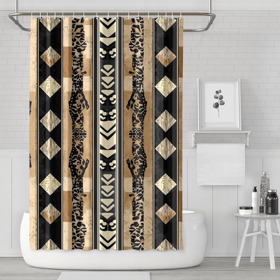 Boho Retro Geometry Abstract Black Strip Bathroom Curtains Waterproof Duty Polyester Bathroom Shower Curtain Sets Decor Basic Bath Decor 72" W X 72" L with 12 Hooks