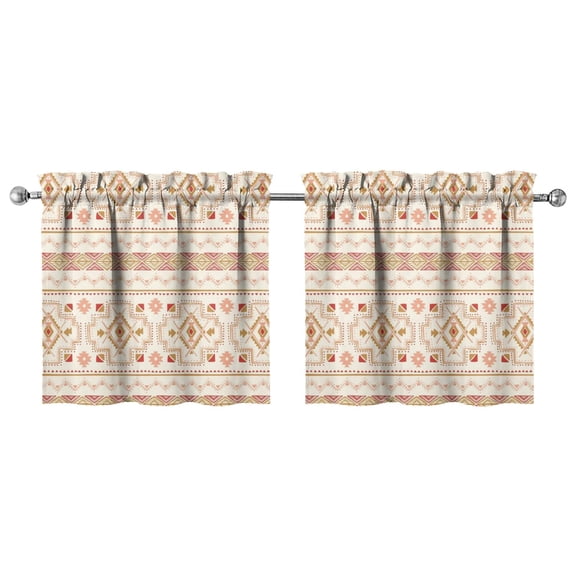 Boho Retro Kitchen Curtains Set of 2, 27.5x24 Inch Geometric Semi-Sheer Curtains with Rod Pocket, Artistic Vintage Patterns