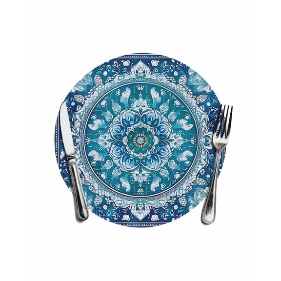 Boho Retro Round Table Placemats 1 pc, Ethnic Tribal Floral Pattern Washable Woven Place Mats for Dining Tables Kitchen Party Decor,Heat Proof, 13in, Turquoise Teal