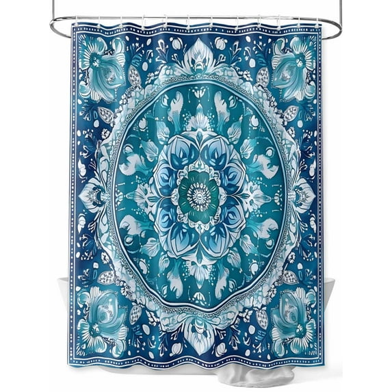 Boho Retro Shower Curtain, Ethnic Tribal Floral Pattern Bathroom Decor Curtains Set with Hooks, Turquoise Teal Waterproof Fabric Home Accessories, 72 X 84 Inch Extra Long