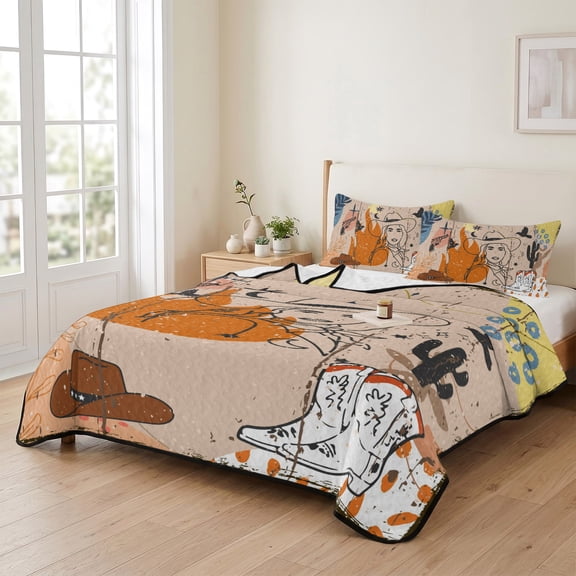 Boho Retro Sketch Western Cowboy 3 Pieces Quilt Set,1 Quilt with 2 Shams,Abstract Style Desert Cactus Bedspread Soft Lightweight Bedding Coverlet Comforter Set for All Season 90"x96"