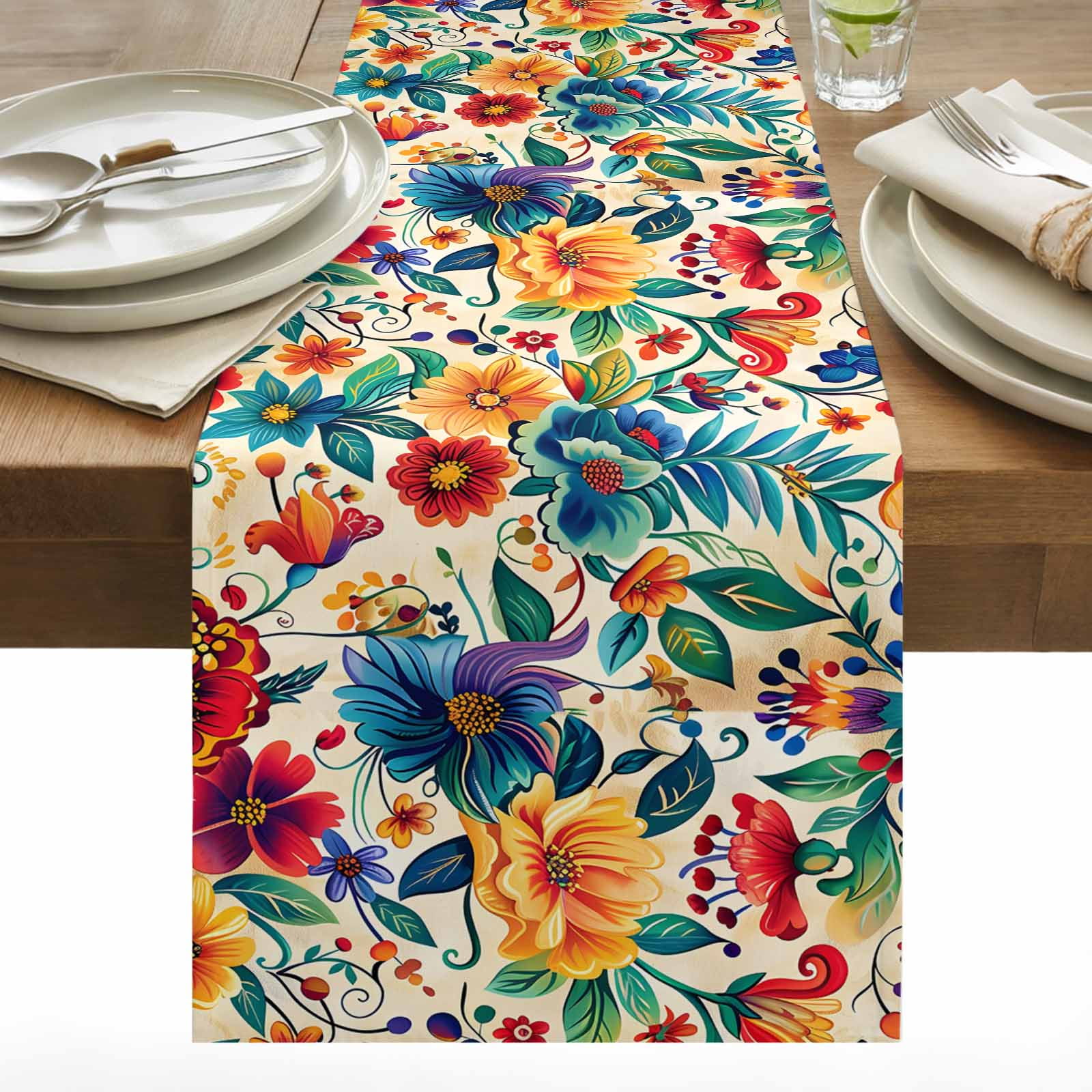 Boho Retro Table Runner 13x36 inch Spring Colorful Flowers Leaves ...