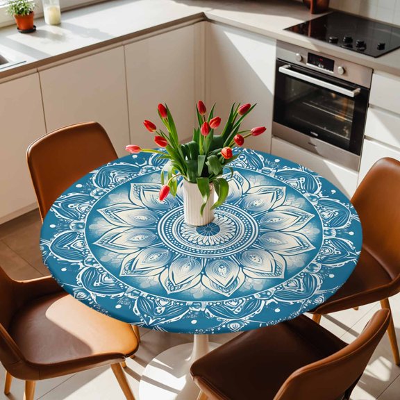 Boho Retro Tribal Blue Floral Round Fitted Tablecloth with Elastic Edge,Waterproof Table Cloth Fits 36"-44" Tables,Wipeable Washable Table Cover for Indoor Outdoor Dinning Party,Abstract Ethnic Theme