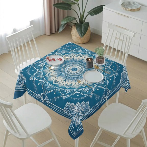 Boho Retro Tribal Blue Floral Table Cloth 54x54in, Waterproof Square Tablecloth Wipeable Tablecloths Abstract Ethnic Theme Table Covers for Dining Tables Party Indoor Outdoor