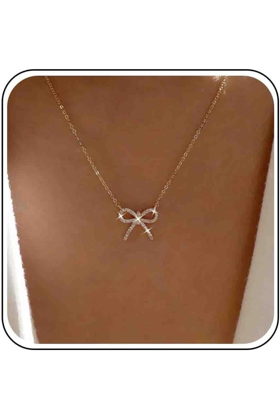 Boho Rhinestone Bow Necklace Crystal Bow Choker Necklace Gold Bowknot Pendant Necklace Tiny CZ Bow Tie Necklace Sparkly Crystal Bow Chain Necklace Jewelry for Women