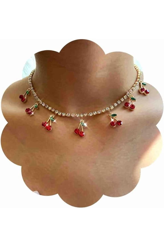 Boho Rhinestone Cherry Dangle Necklace Red Crystal Fruit Necklace Choker Tennis Chain Necklaces Crystal Fruit Cherry Pendant Necklaces Jewelry for Women