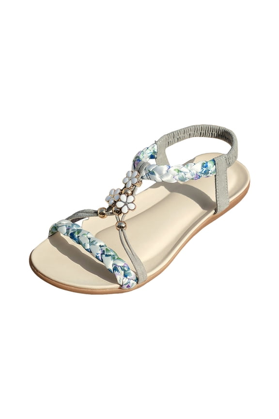 Boho Rhinestone Wedding Sandals Women Flat Elastic Ankle Beach Summer 2025 Comfortable Shoes
