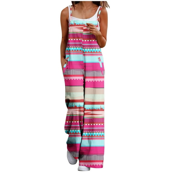 Boho Rompers for Women Dressy Women's Wide Leg Jumpsuits Summer Striped Color Print Boho Overalls with Pocket Loose Casual Baggy Rompers Vacation Outfits Beach Romper 3XL