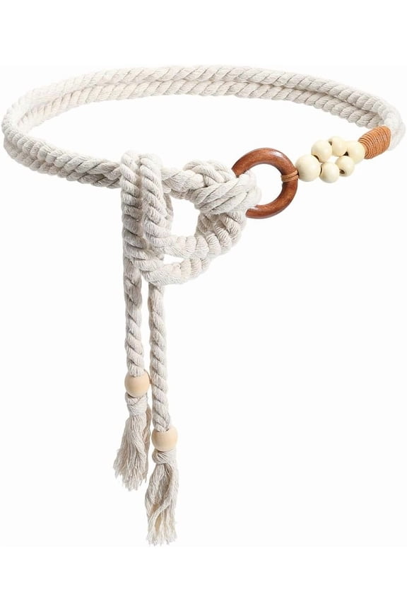Boho Rope Belt White Waist Belt Tassel Cotton Handmade Weaving Bead Ring Macrame Woven Long Skinny Apparel Decorative Chain DIY