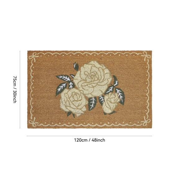 Boho Rose Front Door Mat Outside Entrance - 30x48" Floral Non-Slip Doormat Indoor Outdoor Mat Tan Neutral Farmhouse Scalloped Entry Rug Small Throw Rugs for Entryway Kitchen Front Porch Decor