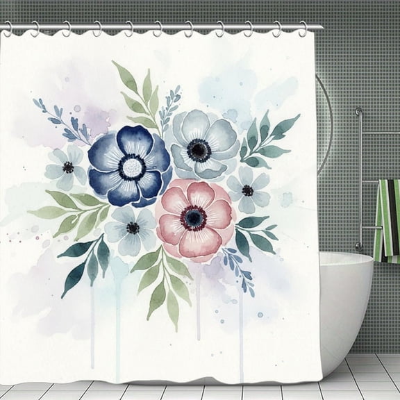 Boho Roses Blue White Print Shower Curtain,Modern Fabric Waterproof Shower Curtain Set with Hooks 70.8×70.8Inch (180×180cm)