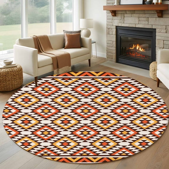 Boho Round Area Rug 6Ft Washable Circle Rugs for Bathroom Office, Abstract Geometric Ethnic Bohemia Textured Non-Slip Carpet Floor Mats Indoor Outdoor Carpet Runner Aesthetic Home Decor