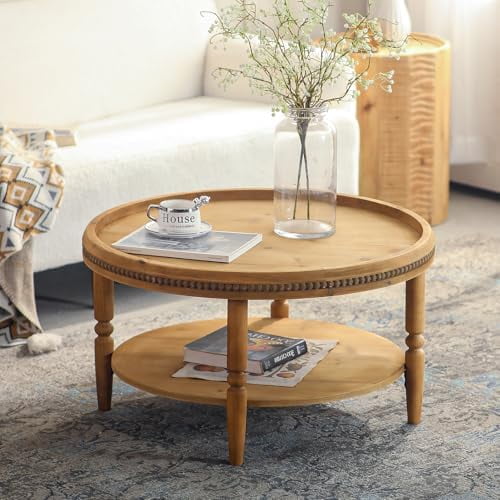 Boho Round Coffee Table with Storage Shelf, 31.3" 2-Tier Accent Center Table with Decorative Beaded Trim & Curved Solid Wood Legs, Circle Cocktail Tea Tables for Apartment,Living Room$$Furniture