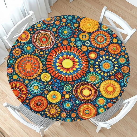 Boho Round Fitted Tablecloth with Elastic Edge Orange Bohemian Circle Table Cloth for 48-52" Tables Mandala Colorful Geometric Wipeable Washable Table Cover for Picnic Party Dining Outdoor Decor