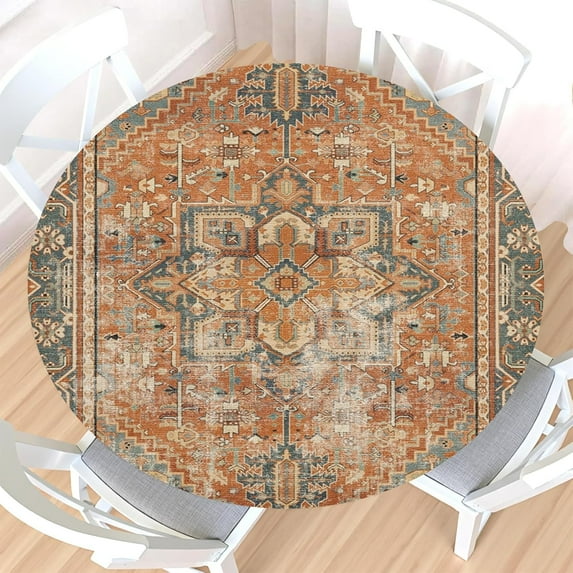 Boho Round Fitted Tablecloth with Elastic Edge,Water-Resistant Picnic Vintage Orange Carpet Distressed Table Cover for 45"-52" Found Tables Rust Dull Teal tapestry Table Cloth for Dinner,Outdoor,Patio