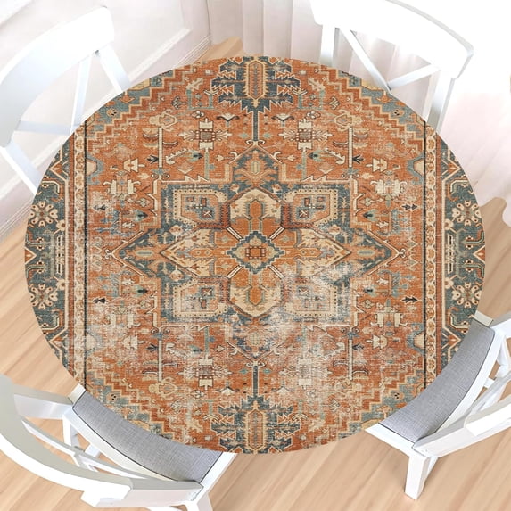 Boho Round Fitted Tablecloth with Elastic Edge,Water-Resistant Picnic Vintage Orange Carpet Distressed Table Cover for 48"-52" Found Tables Rust Dull Teal tapestry Table Cloth for Dinner,Outdoor,Patio