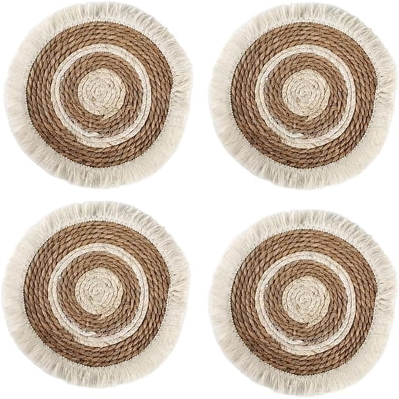 Boho Round Grass Tassels Placemats Set of 4, Rustic Weave Tablemats, Farmhouse Concentric Circle Braided Macrame Dcor for Kitchen Dining Table,33cm
