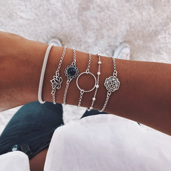 Boho Round Marble Charm Bracelet Set For Women Geometric Black String Rope Chain Bangle Female Bohemian Jewelry Gift