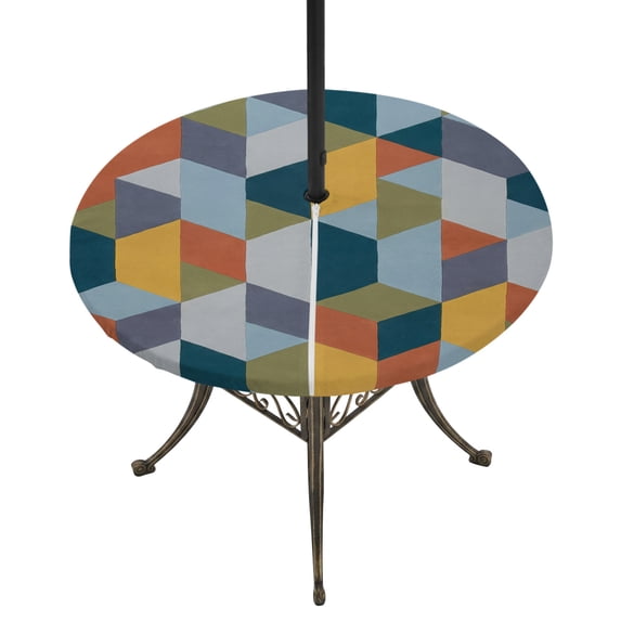 Boho Round Outdoor Tablecloth with Umbrella Hole Zipper, Modern Abstract Geometric Colorful Aesthetic Elastic Fitted Table Cover, Waterproof Table Cloth for Patio Picnic Party Fits 54"-60"