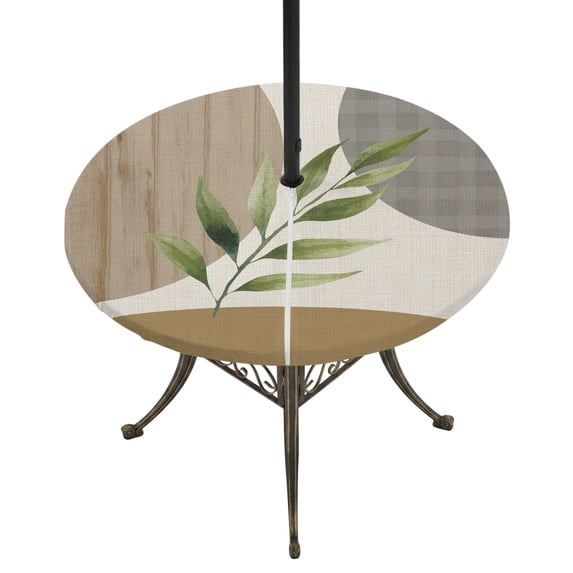 Boho Round Outdoor Tablecloth with Umbrella Hole Zipper, Modern Art Leaves Abstract Brown Gray Geometric Elastic Fitted Table Cover, Waterproof Table Cloth for Patio Picnic Party Fits 31"-35"