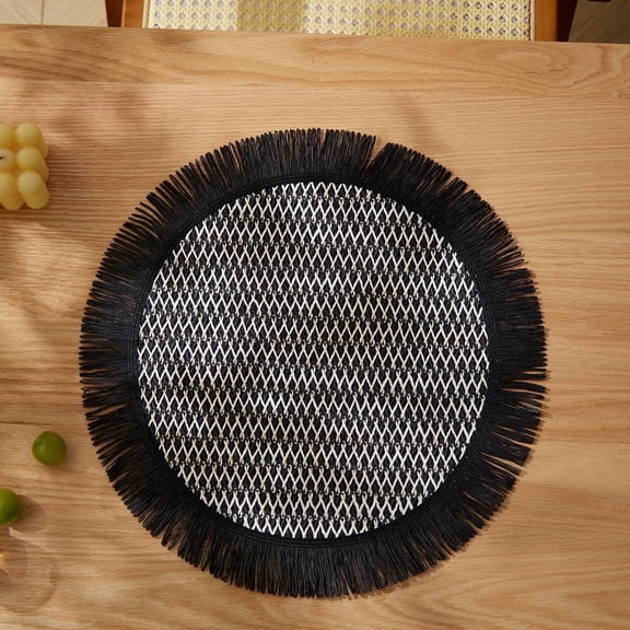 Boho Round Paper Placemats 15'' Set of 4, Rustic Woven Fade-Safe Tablemats, Braided Placemats for Home, Cafe or Events, Black