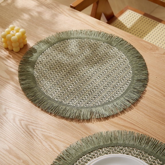 Boho Round Paper Placemats 15'' Set of 4, Rustic Woven Fade-Safe Tablemats, Braided Placemats for Home, Cafe or Events, Green