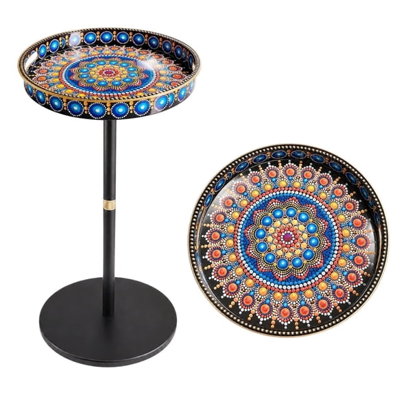 Boho Round Pedestal Side Table With Peacock Mandala Tray Top, 13 Inch