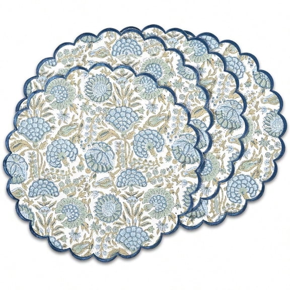 Boho Round Place Mat Easter Floral Cotton Washable Placemats 15 Round Embroidery Block Print Table Mat Pack Of 415 Inch Round Asparagus Green