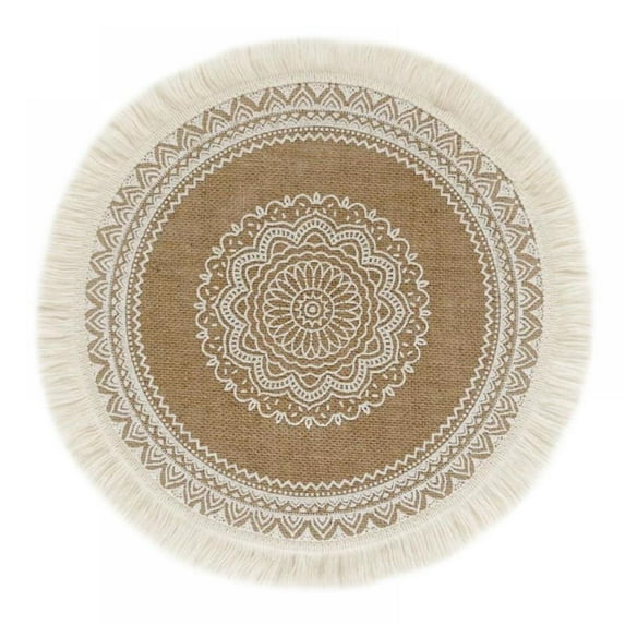 Boho Round Placemat 15 Inch,Farmhouse Woven Jute Fringe Table Mats Set of 4 with Pompom Tassel Place Mat Cup Mat for Dining Room Kitchen Table Decor