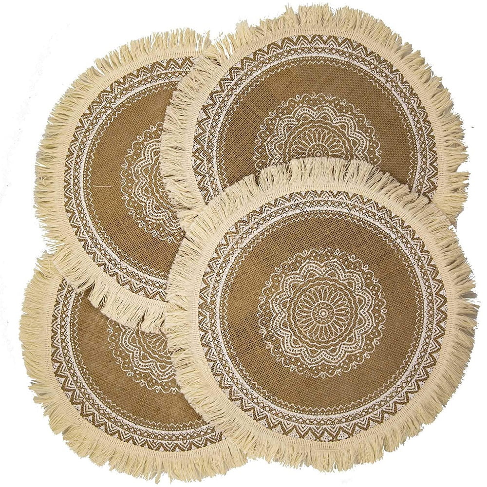 Boho Round Placemats Set of 4, Jute Linen with Macrame Table Mats for