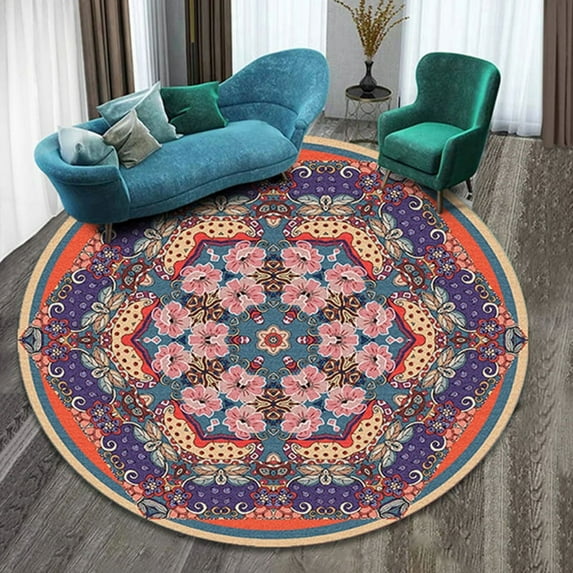 Boho Round Rug 16Inches Small Round Area Rug Non-Slip Round Bathroom Rug Washable Throw Rugs for Bedroom Oriental Distressed Round Kitchen Office Circle Rug Round Carpet for Living Dining Room Sofa