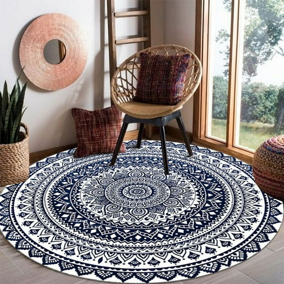 Boho Round Rug 24Inches Small Round Area Rug Non-Slip Round Bathroom Rug Washable Throw Rugs for Bedroom Oriental Distressed Round Kitchen Office Circle Rug Round Carpet for Living Dining Room Sofa