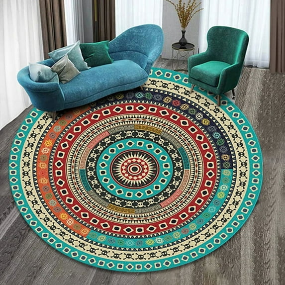 Boho Round Rug 47Inches Small Round Area Rug Non-Slip Round Bathroom Rug Washable Throw Rugs for Bedroom Oriental Distressed Round Kitchen Office Circle Rug Round Carpet for Living Dining Room Sofa