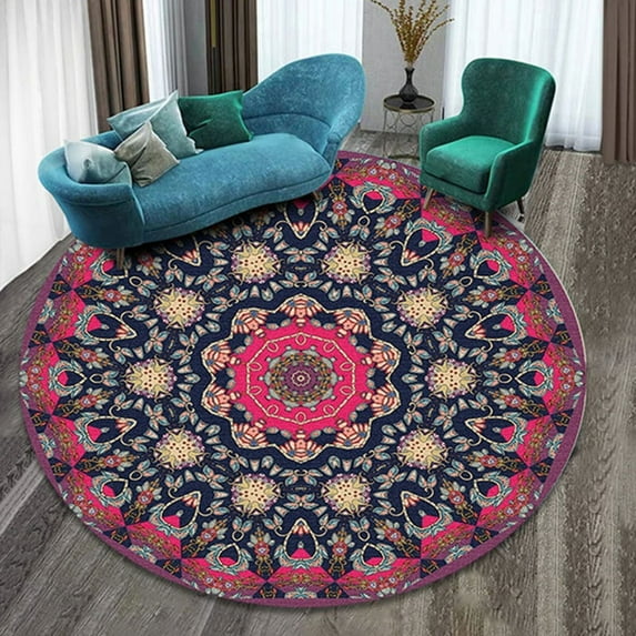 Boho Round Rug 47Inches Small Round Area Rug Non-Slip Round Bathroom Rug Washable Throw Rugs for Bedroom Oriental Distressed Round Kitchen Office Circle Rug Round Carpet for Living Dining Room Sofa