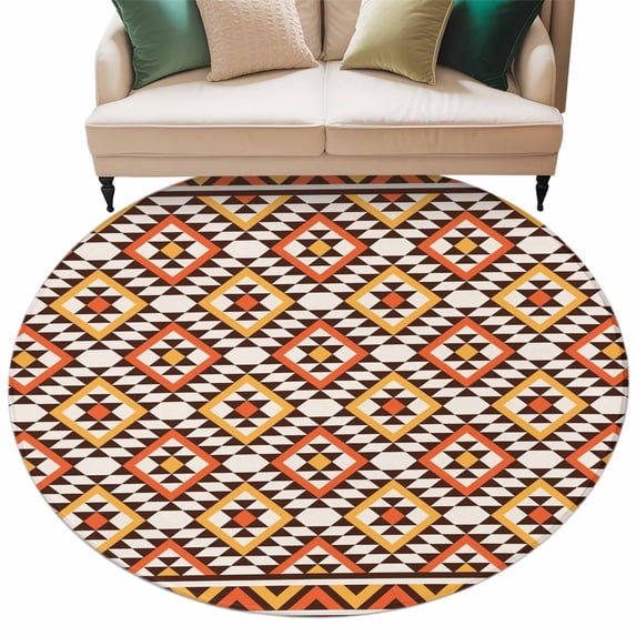 Boho Round Rug 7ft Washable Circle Rugs Non Slip Abstract Geometric Ethnic Bohemia Textured Large Area Rug Indoor Floor Carpet for Bedroom Kitchen Living Room Home Office Dining Room Nursery