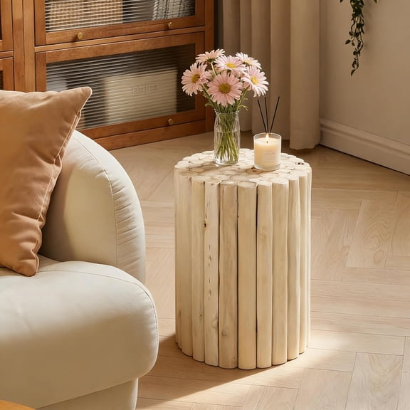 Boho Round Side Table - Hand-Assembled Solid Wood Sticks, Organic Textured Light-Tone, Rustic End Table for Living Room Sofa Side