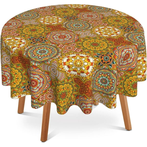 Boho Round Table Cloth 60 Inch,Vintage Mandela Flowers Tablecloth Waterproof Stain Resistance Wrinkle Polyester Circle Table Cover for Home Kitchen Dining Party Camping Pinic Decor