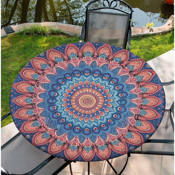 Boho Round Tablecloth 44 inch Waterproof Fitted Table Cover Summer Fall Outdoor Circle Cover for 38"-42" Tables Dining Kitchen Apartment