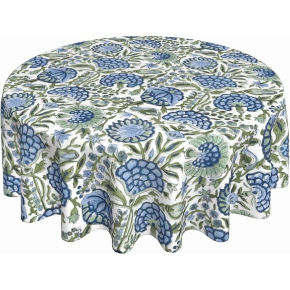Boho Round Tablecloth 60 Inch Blue Green Vintage Floral Table Cloth Chinoiserie Flower Spring Summer Table Covers Polyester Indoor Outdoor Farmhouse Tablecloths for Kitchen Dining Party Picnic