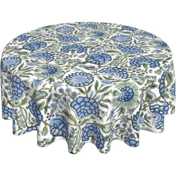 Boho Round Tablecloth 60 Inch Blue Green Vintage Floral Table Cloth Chinoiserie Flower Spring Summer Table Covers Polyester Indoor Outdoor Farmhouse Tablecloths for Kitchen Dining Party Picnic