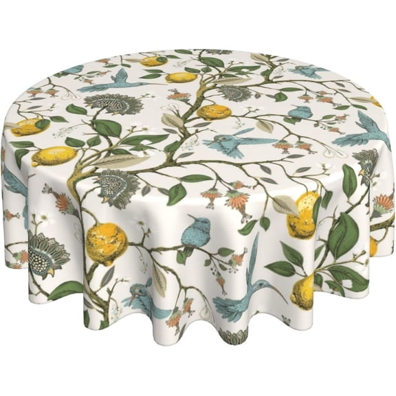 Boho Round Tablecloth 70 Inch Chinoiserie Vintage Lemon Floral Bird Table Cloth Spring Summer Table Covers Polyester Indoor Outdoor Farmhouse Tablecloth for Kitchen Dining Party Picnic