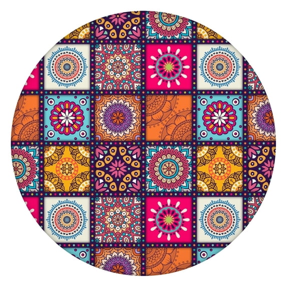 Boho Round Tablecloth Waterproof Oxford Fabric Elastic Fit for 45-52", Great for Patio, Garden, and Indoor Use