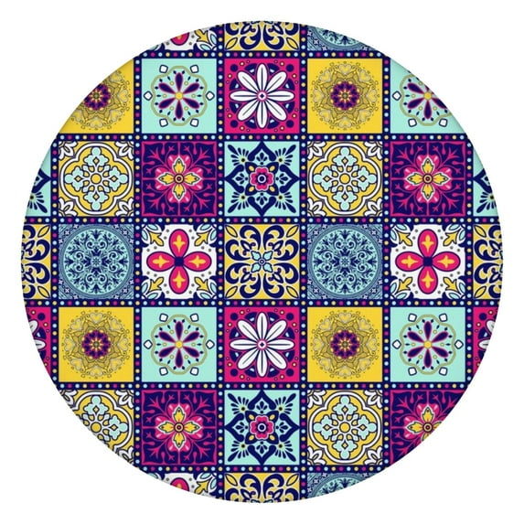 Boho Round Tablecloth with Elastic Edge, Colorful Mandala Design, Waterproof for Dining and Patio Tables