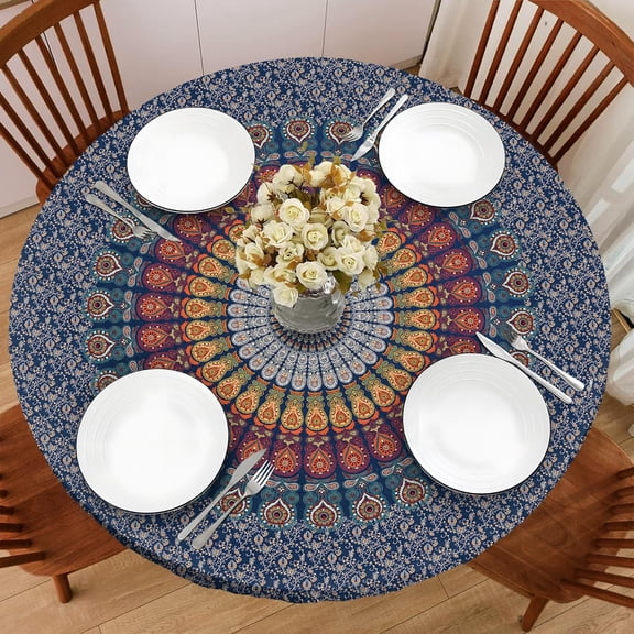 Boho Round Vinyl Fitted Tablecloth with Elastic Edged, Waterproof Oil Proof Wipeable Table Cover for Indoor Outdoor Patio Table, Fits Round Tables Up to 46" - 50" Diameter
