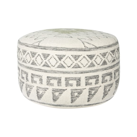 Boho Round Wool Blend Kilim Pouf With Geometric Pattern, 28D x 28W x 16H