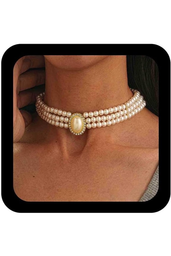 Boho Row Pearl Choker Necklace Gold Rhinestone Pearls Necklace Multilayer Pearl Beaded Necklace Pearls Statement Necklaces Wedding Bridal Jewelry for Women